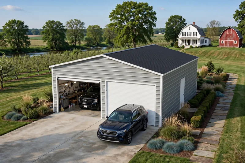 Two-car metal garage with one door open, showing a pickup and a workbench inside