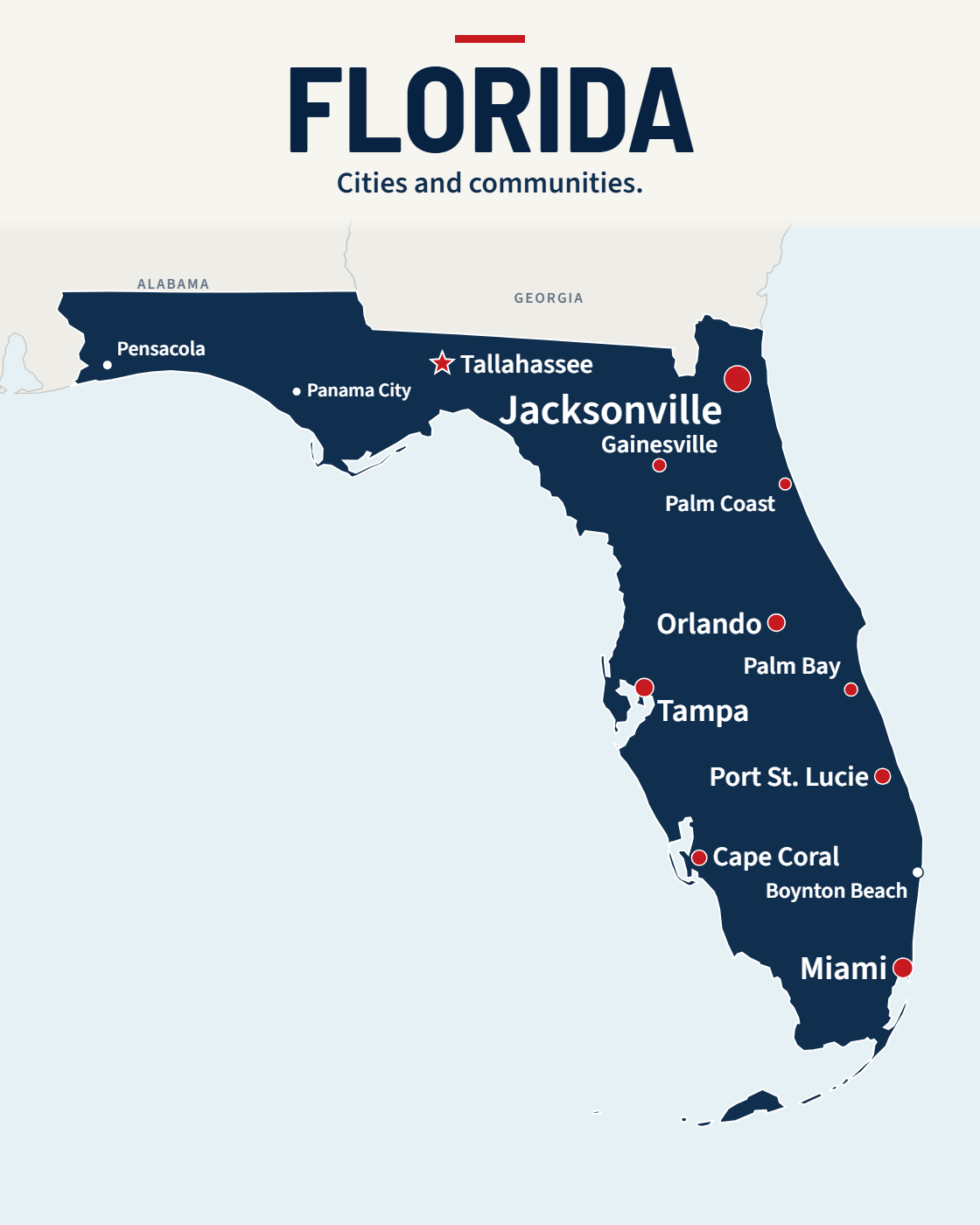 Florida map with 15 city labels and a capital star