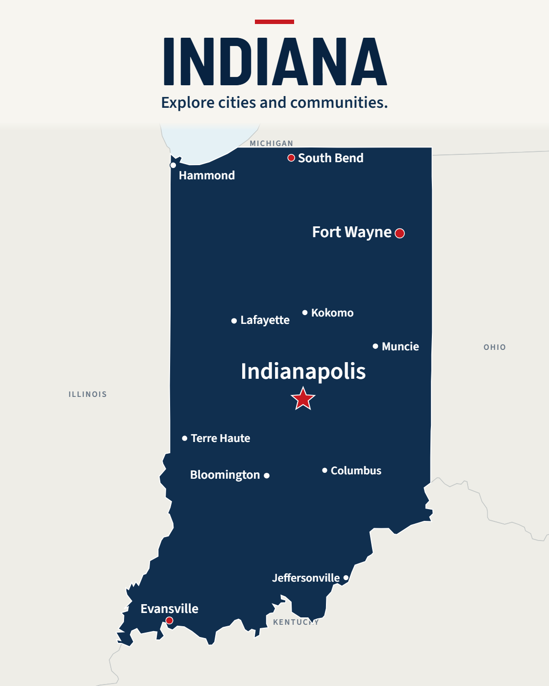 Indiana map with major cities and a capital star