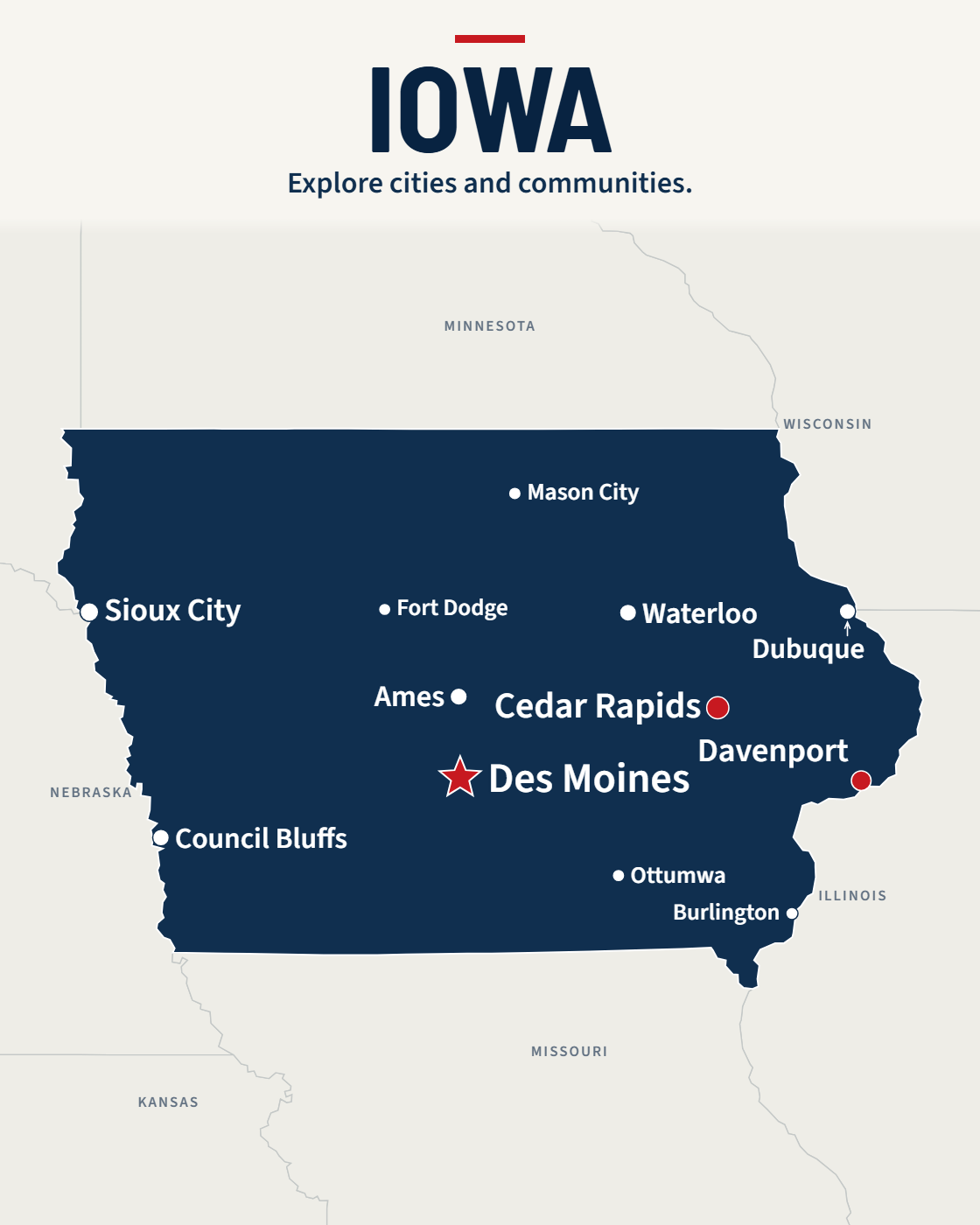 Iowa map with major cities and a capital star