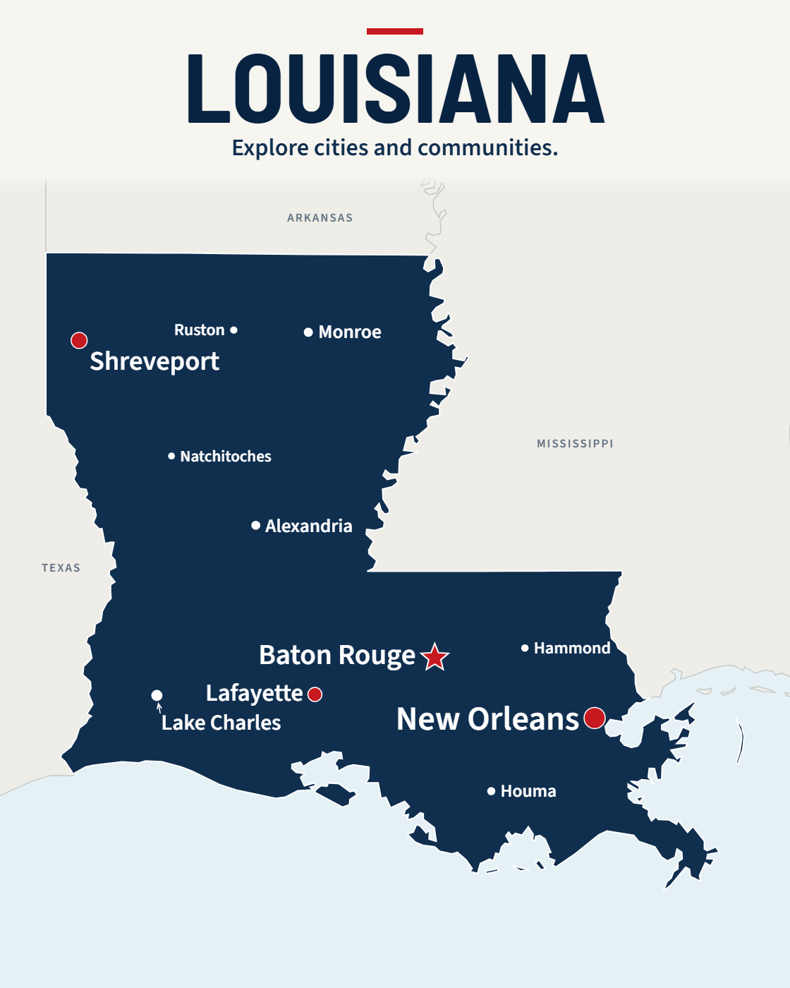 Louisiana map with major cities and a capital star
