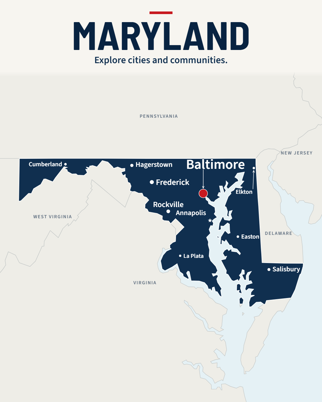 Maryland map with major cities and a capital star