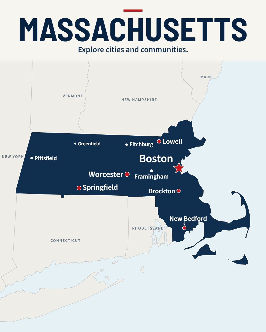 Massachusetts map with major cities and a capital star