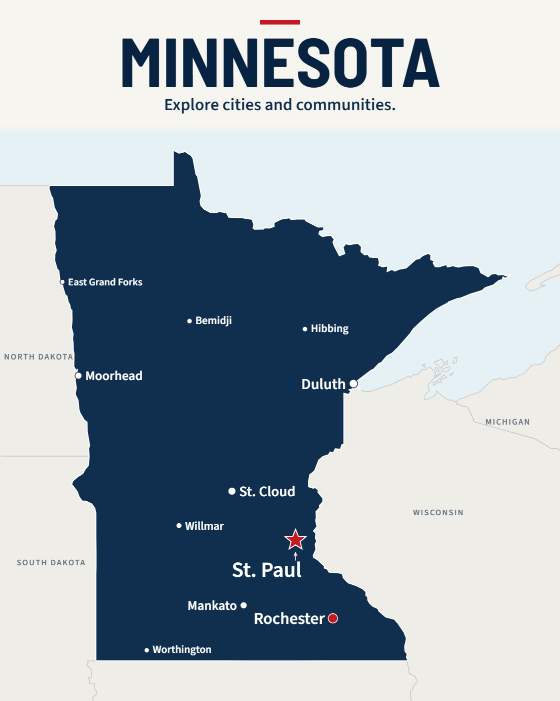 Minnesota map with major cities and a capital star