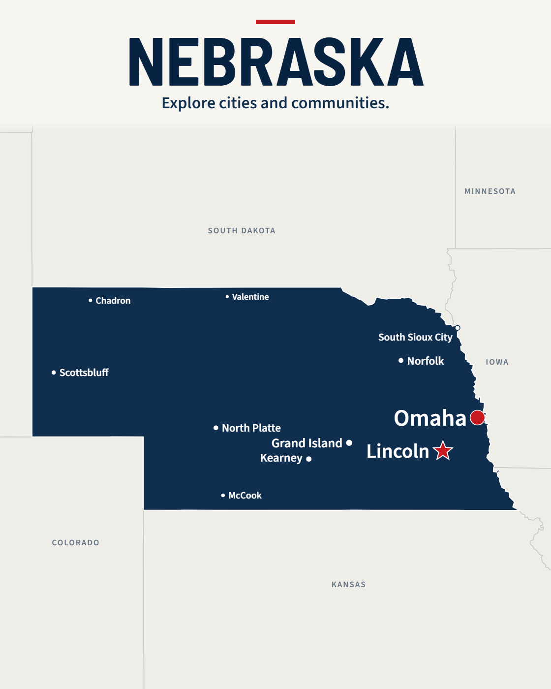 Nebraska map with major cities and a capital star