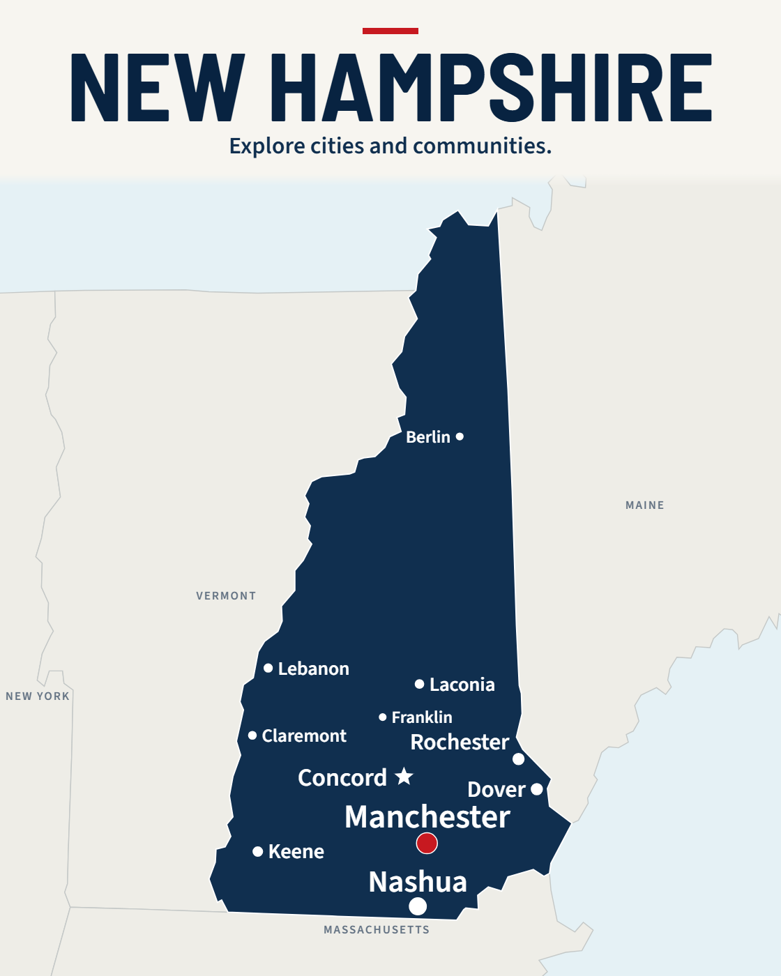 New Hampshire map with major cities and a capital star