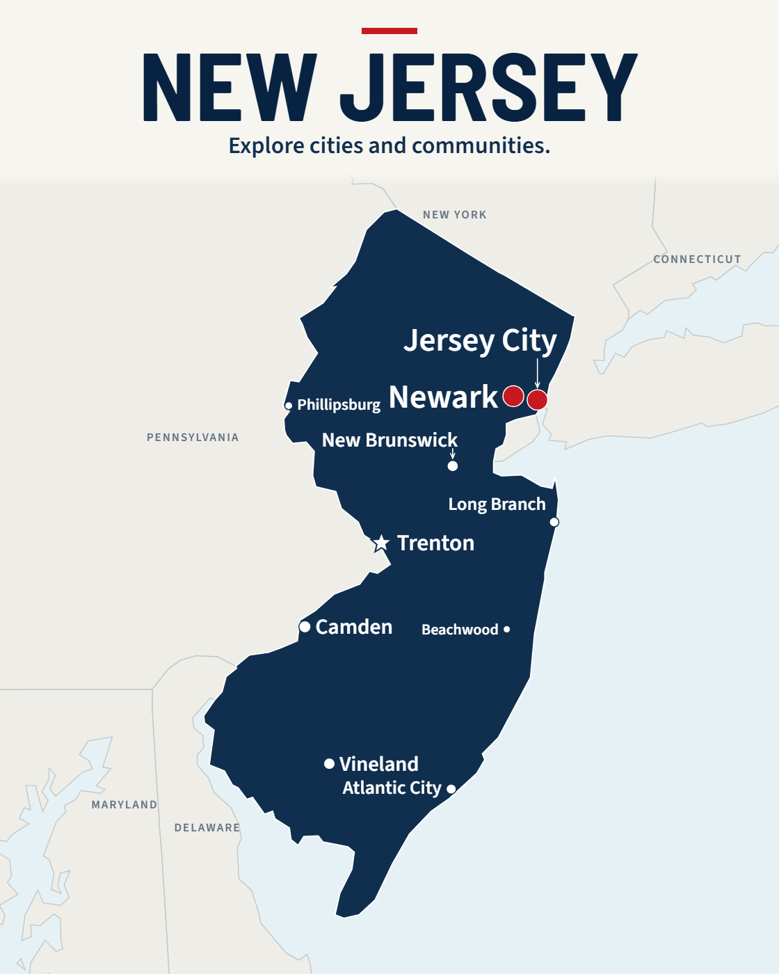 New Jersey map with major cities and a capital star