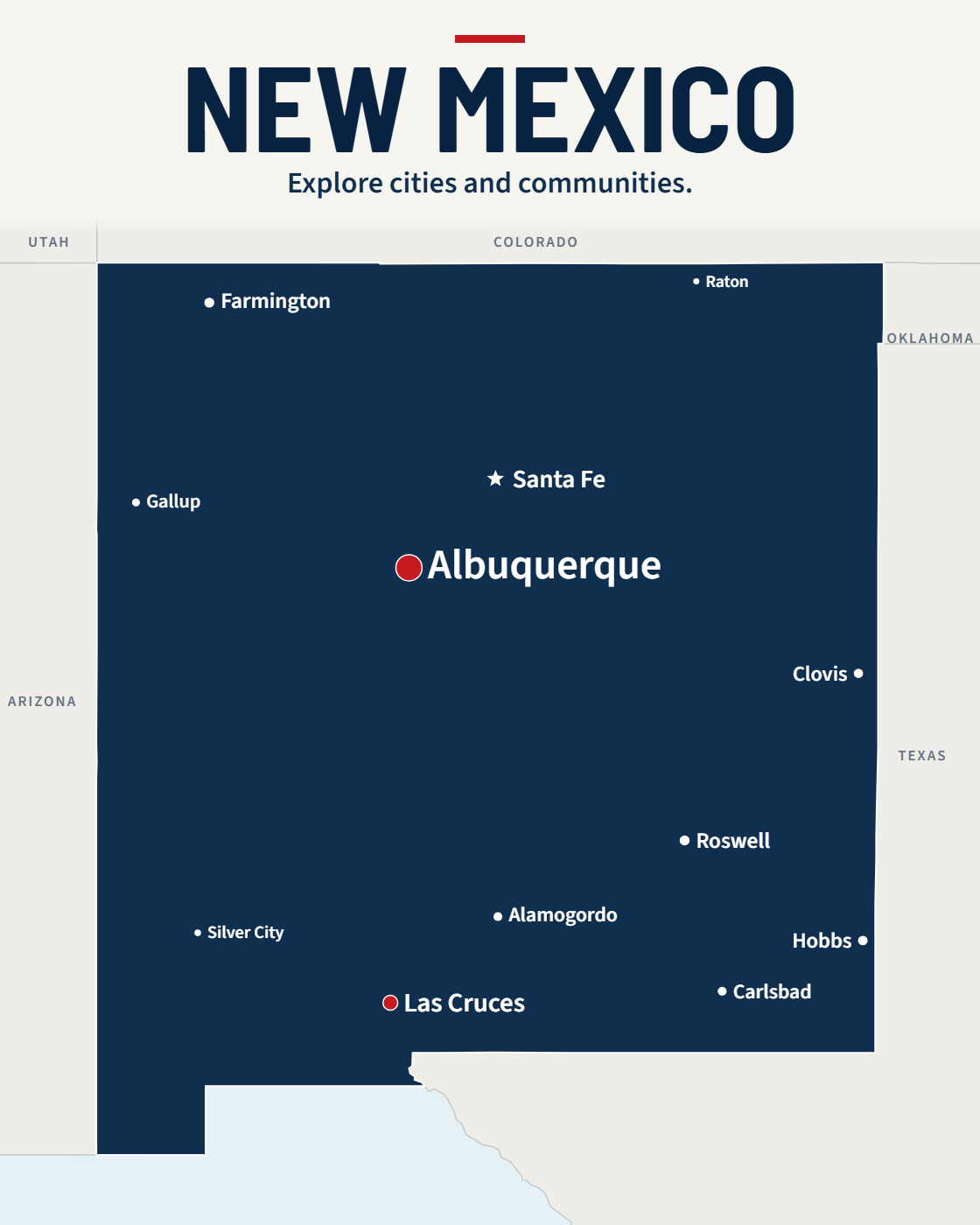 New Mexico map with major cities and a capital star