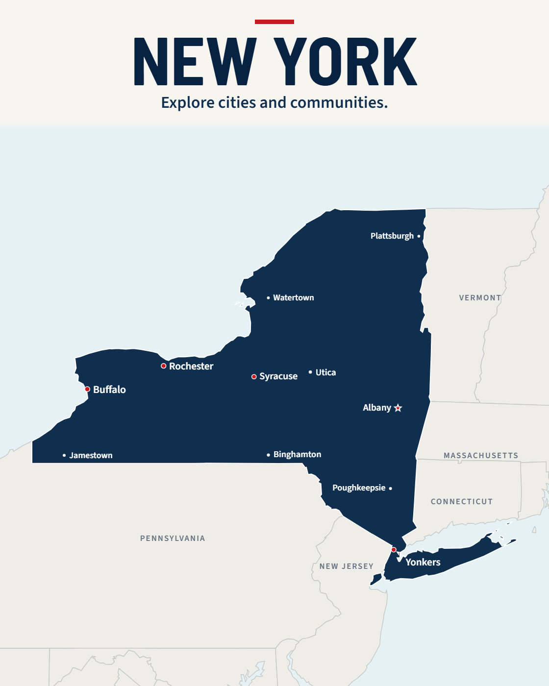 New York map with major cities and a capital star