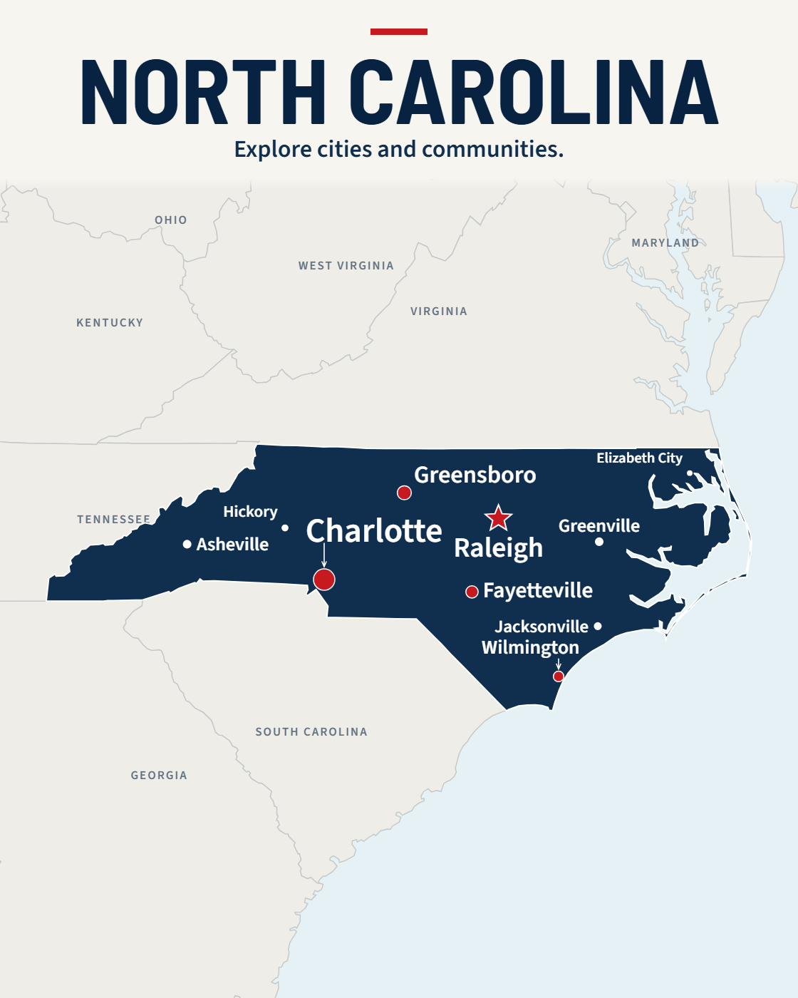 North Carolina map with major cities and a capital star