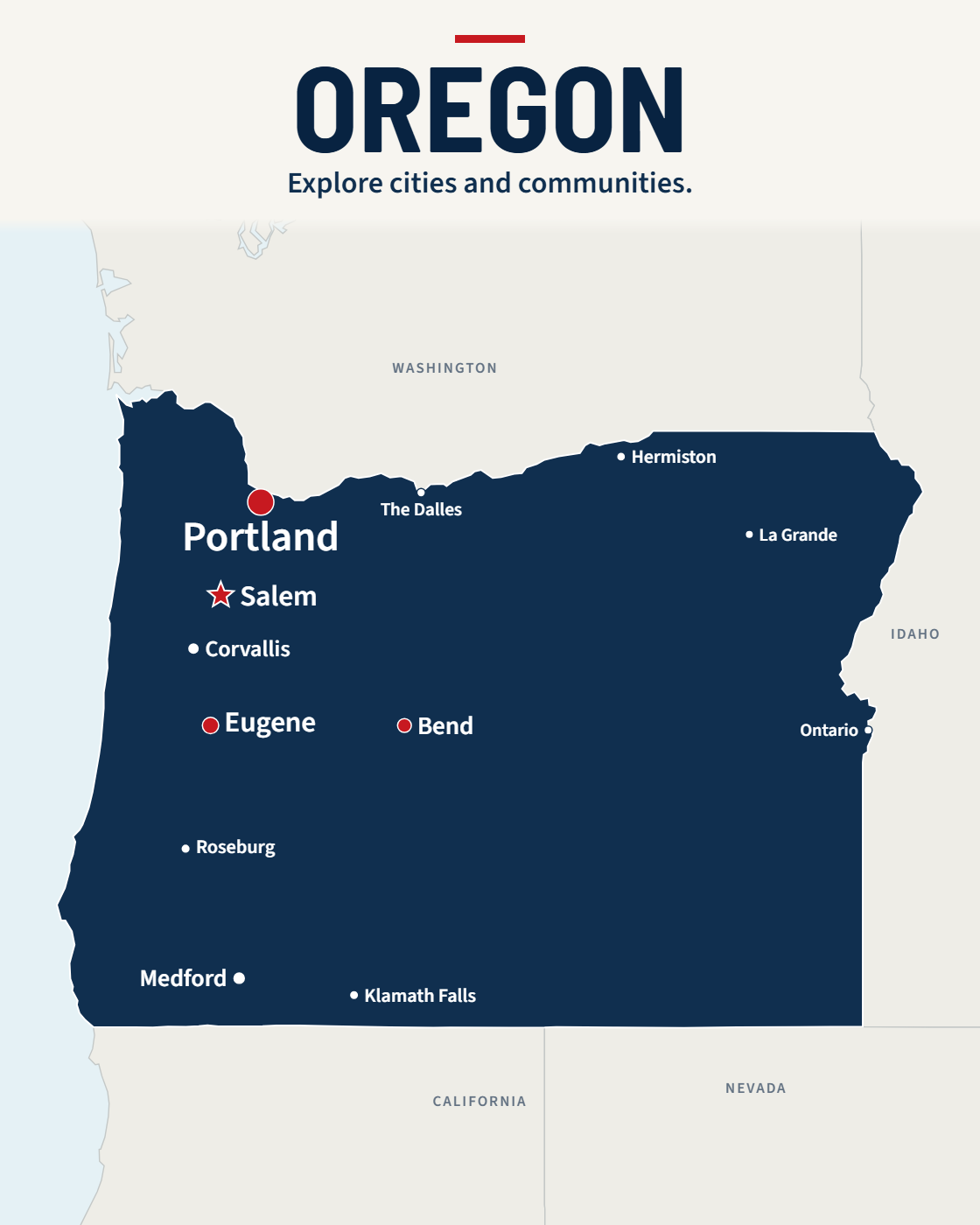 Oregon map with major cities and a capital star