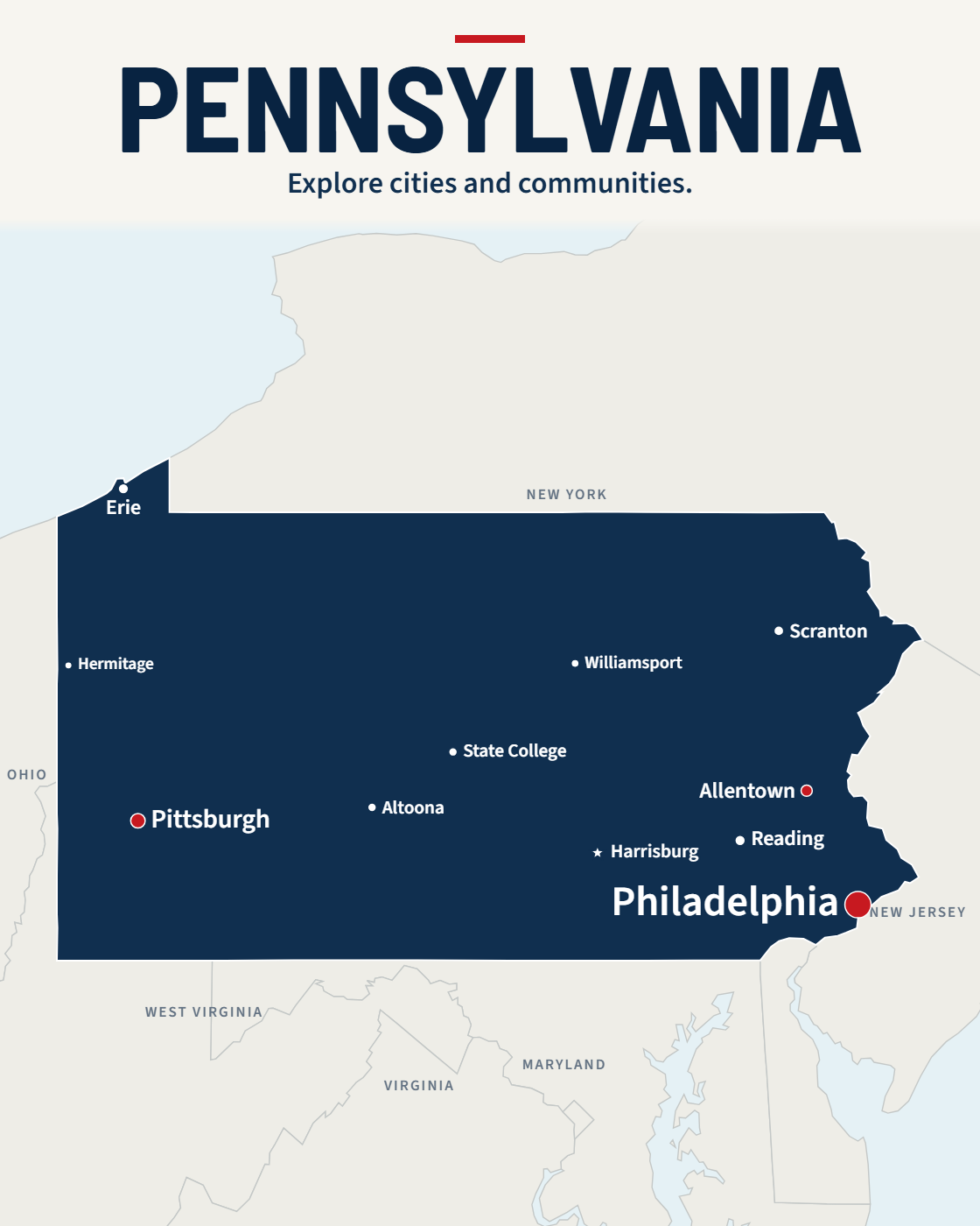 Pennsylvania map with major cities and a capital star