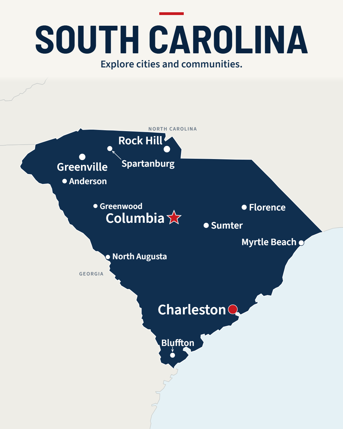 South Carolina map with major cities and a capital star