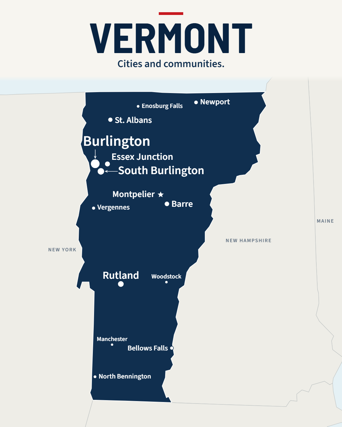 Vermont map with 15 city labels and a capital star