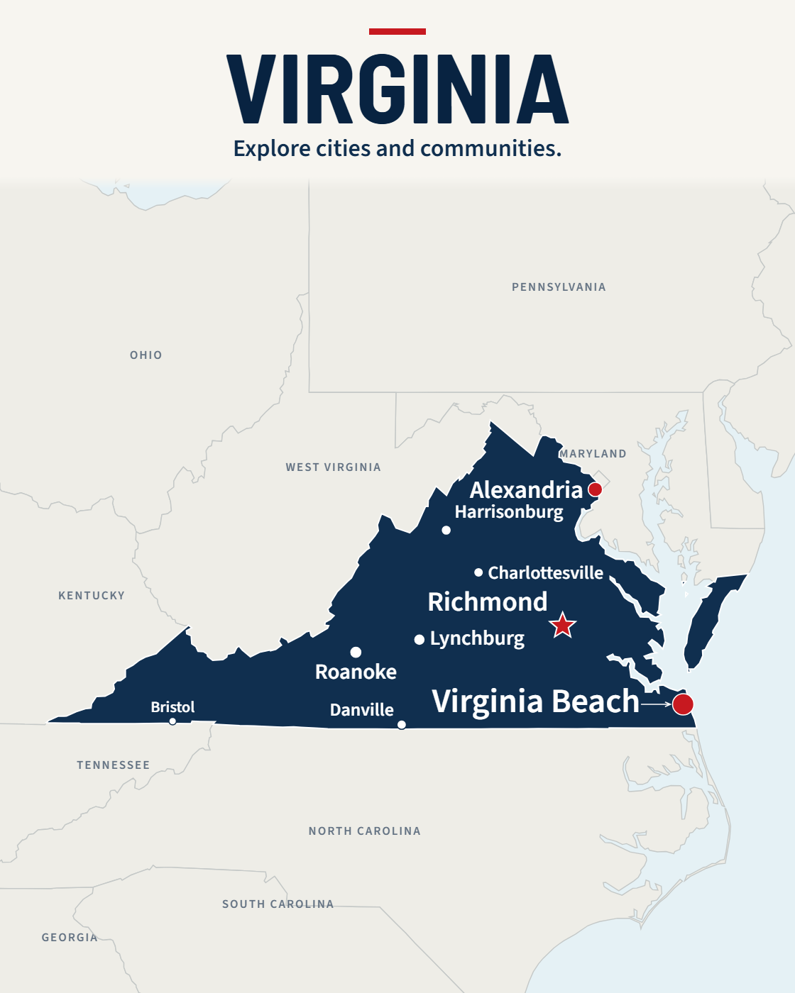 Virginia map with major cities and a capital star