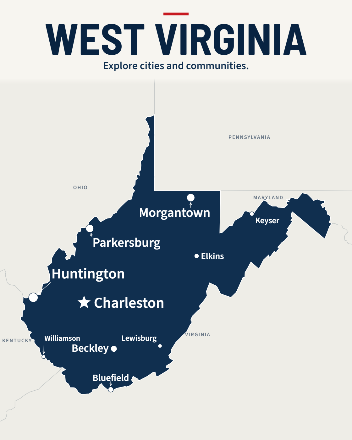 West Virginia map with major cities and a capital star